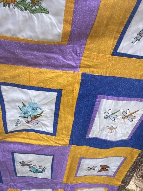 Vintage Hand Embroidered Quilt Throw Floral Butterfly Patchwork 47 x 45 - Picture 10 of 13